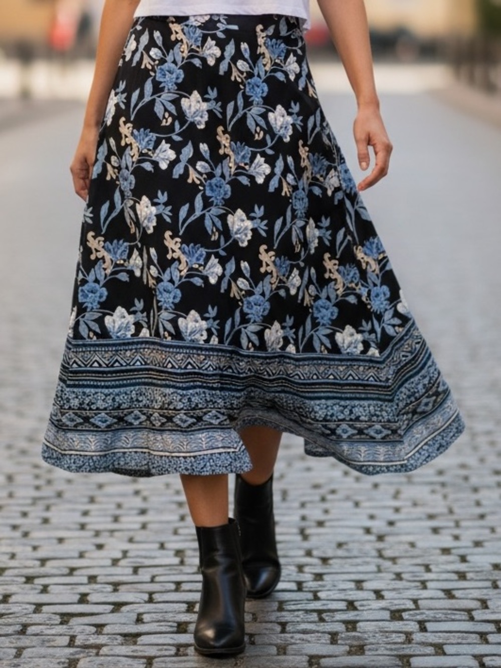 Notations Vintage Floral Midi Skirt Border Print Cottagecore Boho 90’s